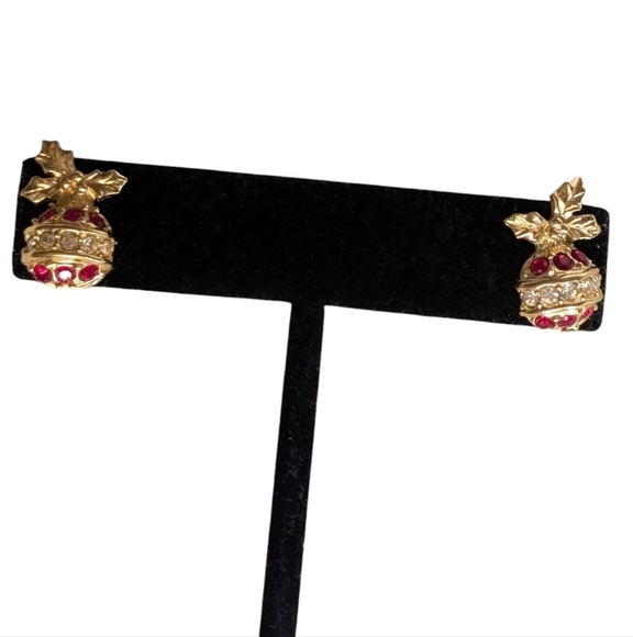 CHRISTMAS Sparkling Ornaments Post Earrings Vintage Retro Red Gold - Picture 4 of 9